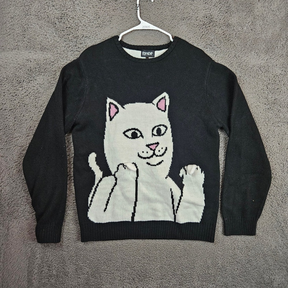 RIPNDIP Mens Large Flippy Lord Nermal Cat Middle Finger Knit Sweater